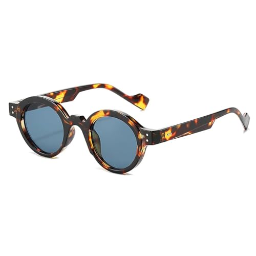 JRLLFD Modische Punk-Sonnenbrille mit kreisförmigem Rahmen für Damen und Herren, luxuriös, mit Nieten, kleiner Rahmen für Herren im Freien, UV400 (Leopardengrau) von JRLLFD