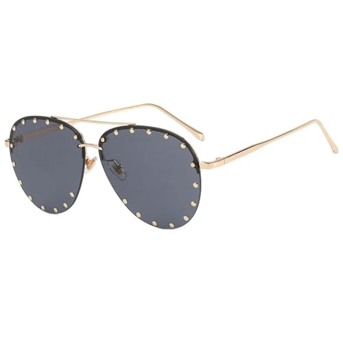 JRLLFD Modische Sonnenbrille mit Metallnieten und übergroßem Rahmen für Damen, Luxus-Sonnenbrille für Herren, Punk, UV400 (Goldgrau) von JRLLFD