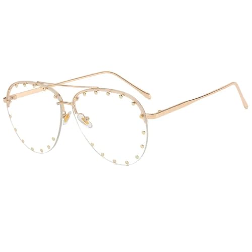 JRLLFD Modische Sonnenbrille mit Metallnieten und übergroßem Rahmen für Damen, Luxus-Sonnenbrille für Herren, Punk, UV400 (Goldweiß) von JRLLFD