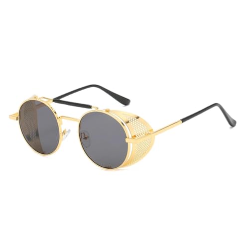 JRLLFD Retro Steampunk Runde Sonnenbrille Damen Herren Mode Windschutzscheibenrahmen Linse UV400 (Gold Grau) von JRLLFD