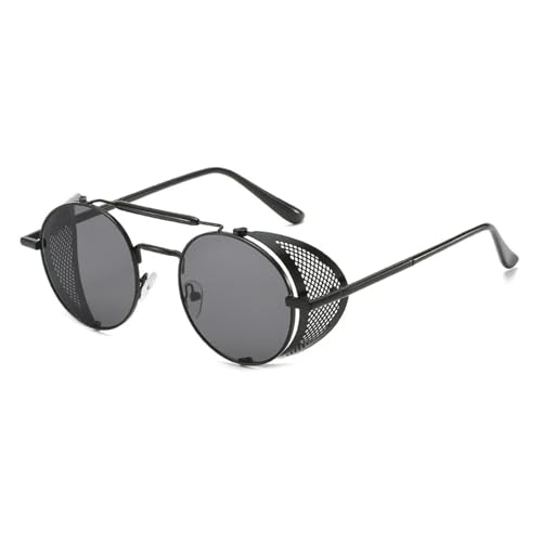 JRLLFD Retro Steampunk Runde Sonnenbrille Damen Herren Mode Windschutzscheibenrahmen Linse UV400 (Schwarz Grau) von JRLLFD
