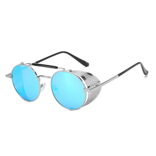 JRLLFD Runde Sonnenbrille im Retro-Steampunk-Stil für Damen und Herren, modischer Rahmen mit Windschutzscheibe, UV400 (Silberblau) von JRLLFD