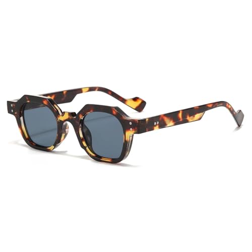 JRLLFD Vintage Polygon Damen Sonnenbrille Mode Sechseck Klare Ozeanlinse UV400 Herren Nieten (Leopard) von JRLLFD