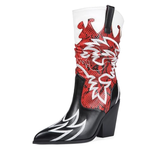 JRNIEQITO Cowboystiefel für Damen, mittelhoch, bestickt, Western-Cowgirl-Stiefel für Damen, kniehoch, klobiger Absatz, spitzer Zehenbereich, breite Wade, Rot, schwarz, 38 EU JRNIEQITO Cowboystiefel für Damen, mittelhoch, bestickt, Western-Cowgirl-Stiefel für Damen, kniehoch, klobiger Absatz, spitzer Zehenbereich, breite Wade, Rot, schwarz, 38 EU von JRNIEQITO