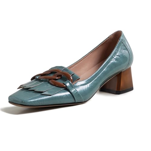 JRNIEQITO Damen-Slipper im Retro-Stil, echtes Leder, quadratische Zehenpartie, Absatz, Loafers für Damen, Schlupfschuh, klobiger Absatz mit Kettenquasten, handgefertigt, Buckle Blue, 39.5 EU von JRNIEQITO