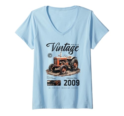 Damen Vintage Tractor Farmer Birthday geboren 2009 geboren 2009 T-Shirt mit V-Ausschnitt Damen Vintage Tractor Farmer Birthday geboren 2009 geboren 2009 T-Shirt mit V-Ausschnitt von JRRTS RETRO BUTSTRUTTY Bauerntraktor Designs