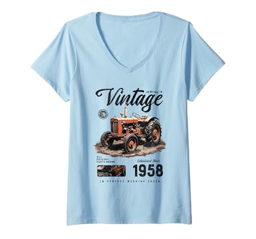 Damen Vintage Tractor Farmer Geburtstag geboren 1958 geboren T-Shirt mit V-Ausschnitt Damen Vintage Tractor Farmer Geburtstag geboren 1958 geboren T-Shirt mit V-Ausschnitt von JRRTS RETRO BUTSTRUTTY Bauerntraktor Designs
