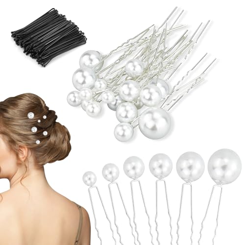 18 Stück Perlen-Haarnadeln, Brautperlen-Haarnadeln, Perlen-Bobby-Klammern, U-förmiges Perlen-Haarnadel-Set für Hochzeit, Braut, Brautjungfer, Mädchen (Gold), mit 50 Stück Schwarzen Flachen Clips von JRSHIRLEYLTD