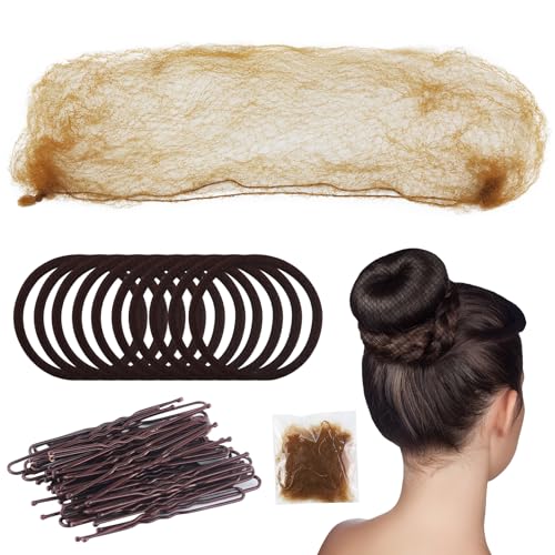 84-teiliges braunes unsichtbares Haarknotennetz-Set, 32 unsichtbare Haarnetze mit elastischem Rand, 40 U-förmige Haarknotennadeln und 12 elastische Haarbänder für Mädchen, Frauen, Balletttänzer, von JRSHIRLEYLTD