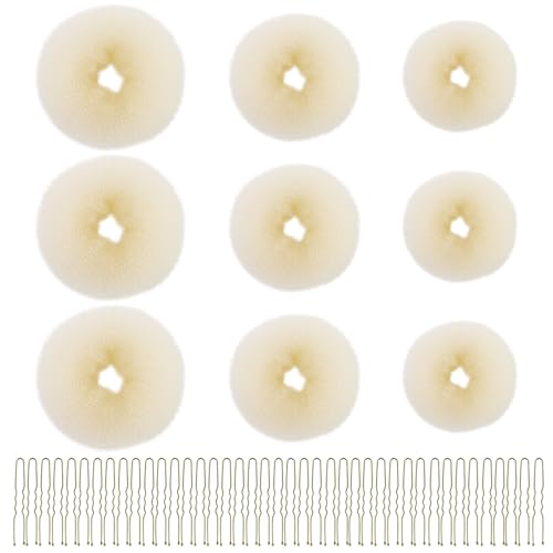 Donut Hair Haardonut Maker Set mit 9 Stück Beige Haardutt, 30 Stück Gold U-Form Haarspange Haarnadel, Dutt Hilfe Hochsteckfrisuren Zubehör, für Kinder Mädchen Frauen von JRSHIRLEYLTD