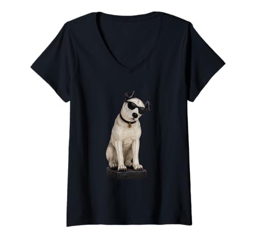 Damen Nipper The RCA Dog with Shades, Coole Retro-Musik-Ikonenkunst T-Shirt mit V-Ausschnitt Damen Nipper The RCA Dog with Shades, Coole Retro-Musik-Ikonenkunst T-Shirt mit V-Ausschnitt von JRT Designs