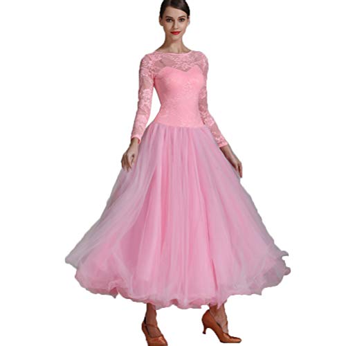 Professioneller Ballsaal Für Damen Mit Spitze Tanzkleider Für Auftritte Langarm Walzer Tango Wettkampfkostüm Salsa Foxtrott Tanzbekleidung Standard Tanzkleid,Rosa,S von JRUIA