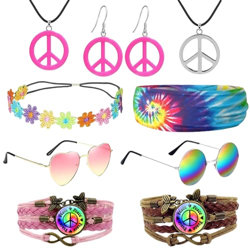 Hippie Accessoires, Karneval Kostüm, 10 Stück 80er 90er Jahre Accessoires Hippie Brille Peace Halskette Anhänger Batik Stirnband Hippie Armbänder Paar Hippie Set, für Fasching Karneval Damen Herren von JRYBXS