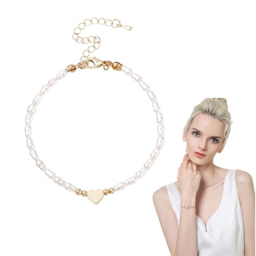 JRYXDS Damen Armband Goldene Perlen Armbänder Mit Herz Anhänger Perlenarmband Damen 14K Vergoldete Cuban Link Eleganter Alltagsschmuck Als Kreatives Geschenk Für Frauen von JRYXDS