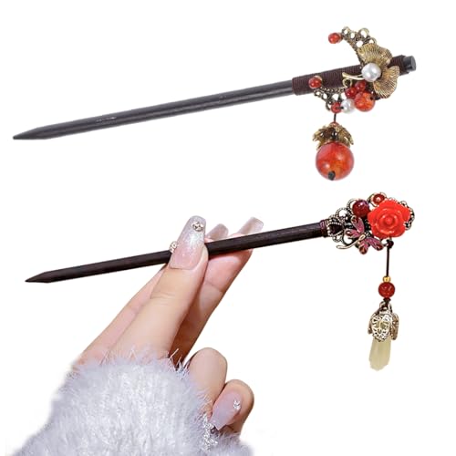 JRYXDS Holz Haarnadeln chinesische Haar sticks Vintage Blume Haars täbchen hand gefertigt Holz Haars tock klassische Haar Essstäbchen Haarnadel-Accessoires mit Quaste für Frauen Mädchen(2 Stück) von JRYXDS