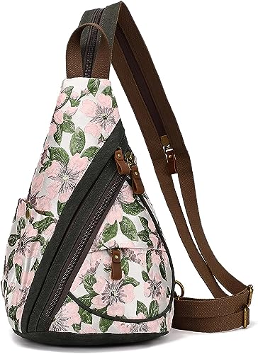 JRink Canvas Sling Bag – Kleiner Crossbody Rucksack Schulter Casual Daypack Rucksack für Männer Frauen, Z-Stickerei Rosa von JRink