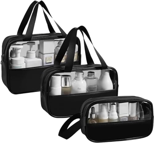 JRink Kulturbeutel, transparent, wasserdicht, PVC, große Kapazität, Make-up-Tasche mit Griff, Reise-Kosmetiktasche für Damen und Herren, Grün, 3 Stück, Schwarz von JRink