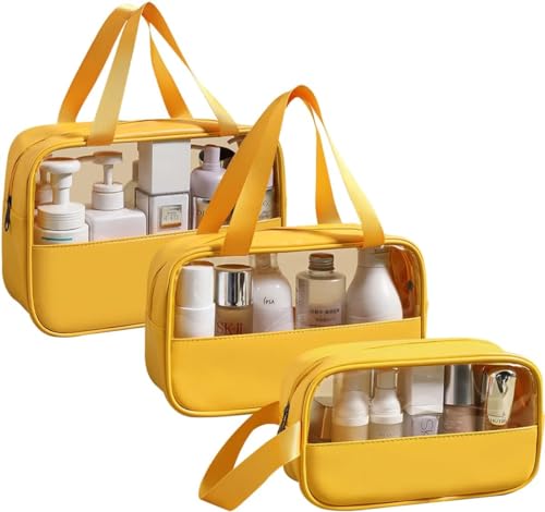 JRink Kulturbeutel, transparent, wasserdicht, PVC, große Kapazität, Make-up-Tasche mit Griff, Reise-Kosmetiktasche für Damen und Herren, Grün, 3 Stück, gelb von JRink