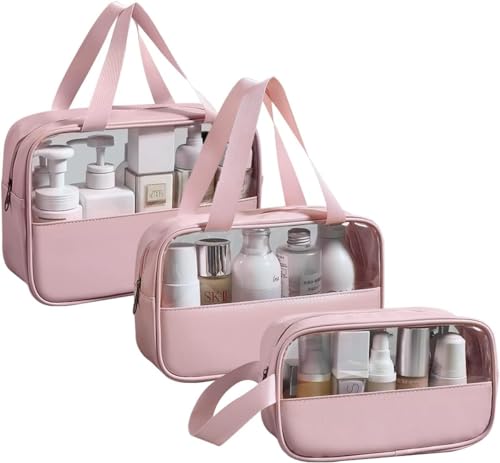 JRink Kulturbeutel, transparent, wasserdicht, PVC, große Kapazität, Make-up-Tasche mit Griff, Reise-Kosmetiktasche für Damen und Herren, Grün, 3 Stück, rose von JRink