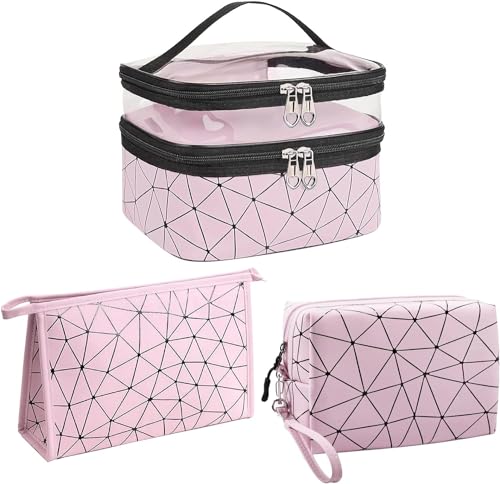 JRink Make-up-Tasche, doppellagig, Kosmetiktasche + 2 Make-up-Taschen mit Rautenmuster, Reise-Kulturbeutel für Damen und Herren, Grün, 3 Stück, rose von JRink