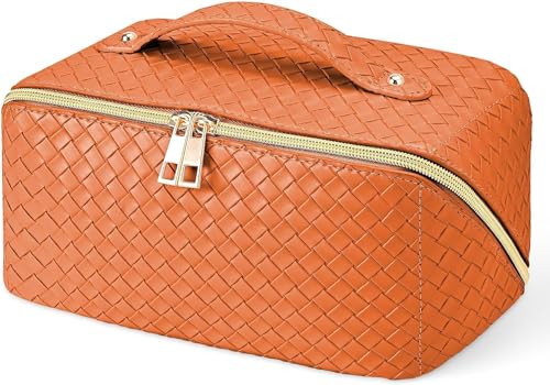 JRink Make-up-Tasche Groß Make up Tasche Organizer, Reise Kosmetiktaschen mit Fächern & Griff, PU Leder Wasserdicht Kulturbeutel Make-up Tasche für Frauen Mädchen, Weiß, Orange von JRink