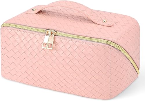 JRink Make-up-Tasche Groß Make up Tasche Organizer, Reise Kosmetiktaschen mit Fächern & Griff, PU Leder Wasserdicht Kulturbeutel Make-up Tasche für Frauen Mädchen, Weiß, rose von JRink