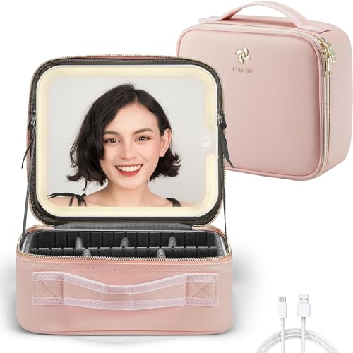 JRink Reise-Make-up-Tasche mit großem beleuchtetem Spiegel, Kosmetik-Organizer, Zugkoffer mit verstellbarem Fach, Geschenk für Frauen (klein, Rosa), rose, L von JRink