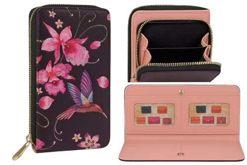 Damen Geldbörse mit umlaufendem Reißverschluss - Kolibri & Blumenmuster - Kunstleder Clutch mit Kartenfächern, Ausweisfenster, Münz- & Bargeldfächern - Elegante Druckknopfklappe JR1171-Bird Damen Geldbörse mit umlaufendem Reißverschluss - Kolibri & Blumenmuster - Kunstleder Clutch mit Kartenfächern, Ausweisfenster, Münz- & Bargeldfächern - Elegante Druckknopfklappe JR1171-Bird von JRose Collections