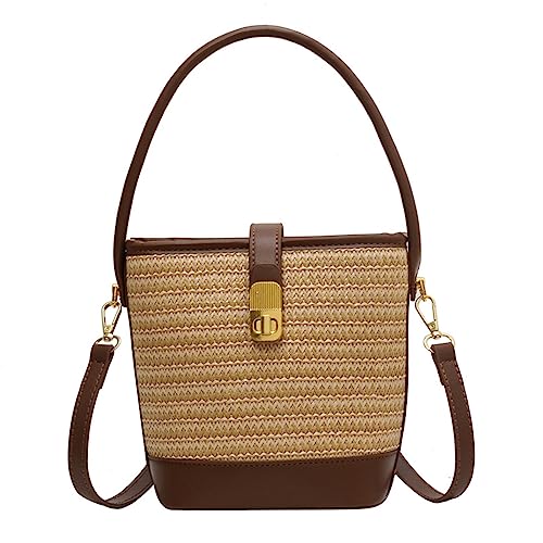 JS MOLD Damen Klein Strohtasche Mini Geflochten Eimer Tasche Crossbody Handtasche aus Stroh Sommer Strand Umhängetaschen mit Reißverschluss für Frauen (Khaki) von JS MOLD