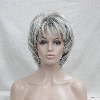 Damen Kunsthaar-Perücke, kurz, gewellt, grau gesträhnt, Balayage-Haar, geschichteter Haarschnitt, Pixie-Schnitt mit Pony, natürliche Perücke, Kostüm-Perücke von JS Wigs