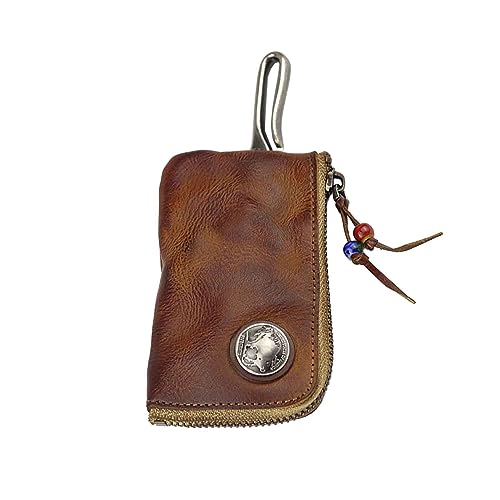 JSBWSFA 1 x Mini-Ledertasche mit Reißverschluss, Autoschlüsseltasche, Münzorganizer, Kleingeldhalter, Schlüsselschutz, Tasche mit Metallhaken, Braun, extra von JSBWSFA