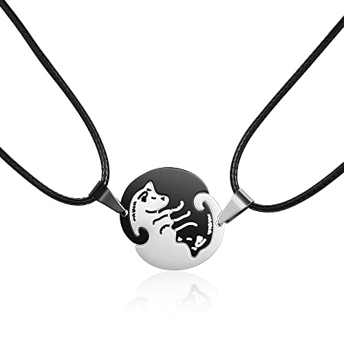 JSDDE 2 Stück Yin Yang Katze/Hunde Anhänger Halskette Taichi Puzzle Pärchen Anhänger Kette Freundschaftsketten Parnterketten für Damen Herren (Silber&Schwarz(Hunde Design)) von JSDDE