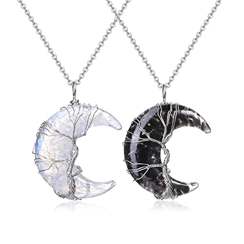 JSDDE 2 Stücke Mond Anhänger Halskette Set Lebensbaum Wicklung Partner Kette Anhänger aus Harz Heilstein Glücksbringer Pärchen Kette Freundschaftskette für Damen Herren Geschenk von JSDDE