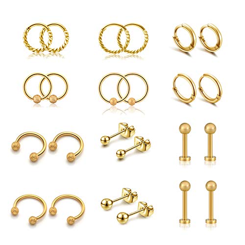 JSDDE 24 Stück Chirurgenstahl Ohrpiercing Set Helix Tragus Knorpel Ohr Piercing Ohrringe Hoop Ringe Creolen Ohrringe Ohrstecker für Damen Herren (Gold) von JSDDE