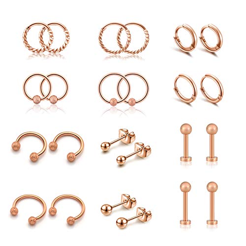 JSDDE 24 Stück Chirurgenstahl Ohrpiercing Set Helix Tragus Knorpel Ohr Piercing Ohrringe Hoop Ringe Creolen Ohrringe Ohrstecker für Damen Herren (Rosegold) von JSDDE