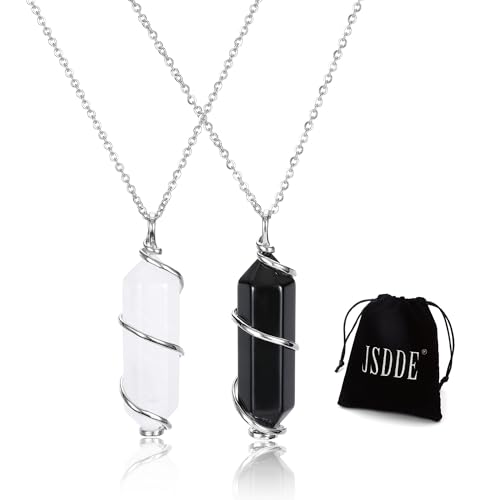 JSDDE 2er Edelstein Kette Partnerkette natürlichen Kristall Kette Heilstein Kette Amulett Glückskette Hexagon Säulen Anhänger Halskette für Damen Herren (Bergkristall & Obsidian) von JSDDE