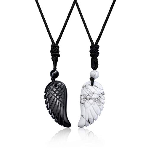 JSDDE 2er Flügel Anhänger Halskette Set Freundschaftskette Engelsflügel Anhänger aus Edelstein Heilstein Glückskette Paare Pärchen Kette Amulett Kette für Liebhaber Partner (Obsidian+Weißer Howlite) JSDDE 2er Flügel Anhänger Halskette Set Freundschaftskette Engelsflügel Anhänger aus Edelstein Heilstein Glückskette Paare Pärchen Kette Amulett Kette für Liebhaber Partner (Obsidian+Weißer Howlite) von JSDDE