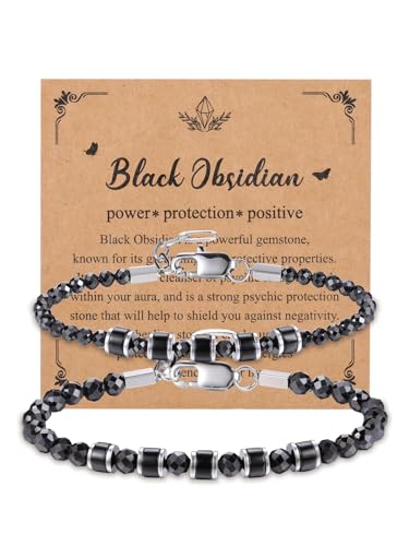 JSDDE 2er Obsidian Armband Set Edelstein Partnerarmbänder Heilsteine Perlenarmband Pärchen Armband Paar Armband Freundschaftsarmband Glücksbringer Schmuck für Damen Herren von JSDDE