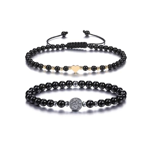 JSDDE 2er Obsidian Armband Set Naturstein Pärchen Armband Obsidian Lebensbaum Partnerarmbänder Paar Armband Freundschaftsarmband Glücksbringer Schmuck für Damen Herren von JSDDE