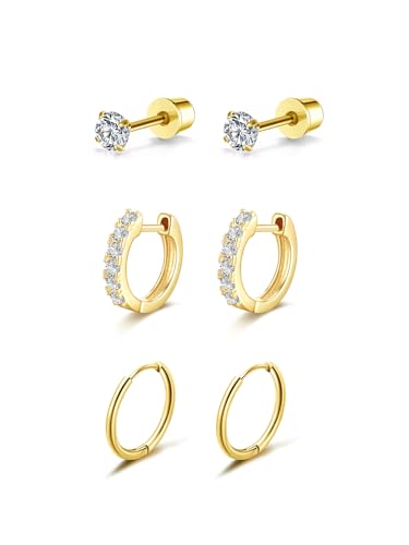 JSDDE 3 Paar Gold Ohrringe aus Edelstahl Set Creolen Ohrringe Ohrstecker für Damen Frauen CZ Ohrpiercing für Knorpel Conch Tragus Helix von JSDDE