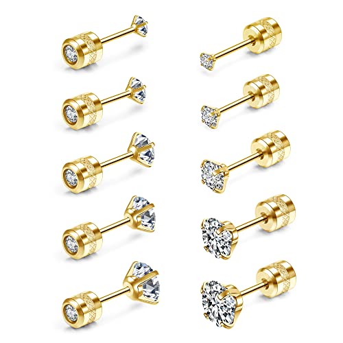 JSDDE 10er Damen Ohrstecker Gold Set Edelstahl Ohrringe beidseitig mit 2-6mm Zirkonia Kristall Stein Elegant schmuck für Damen Frauen von JSDDE