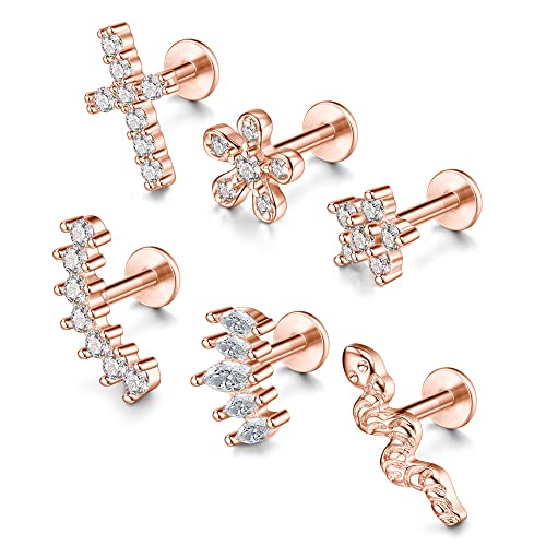 JSDDE 6er Rosegold Helix Piercings 16ga 6mm Labret Tragus Knorpel Ohrpiercing Kreuz Blume CZ Ohrringe Ohr Piercing Schmuck für Damen Frauen von JSDDE