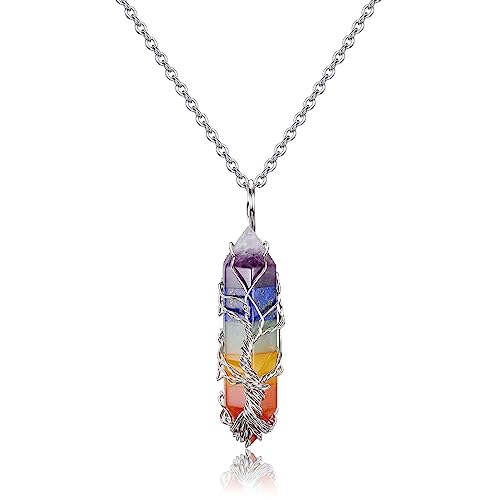 JSDDE 7 Chakra Anhänger Halskette Lebensbaum Wicklung Heilsteine Sechseckige Säule Anhänger Kette Amulett Anhänger Reiki Glücksbringer Schmuck (Stil 2) von JSDDE