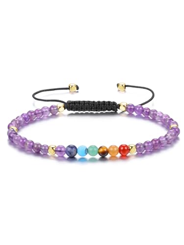 JSDDE 7 Chakra Armband Edelsteine Perlenarmband Geflochten Heilsteine Armband Energietherapie Reiki Heilung Armband Glücksarmband Schmuck für Damen Herren (Amethyst) von JSDDE