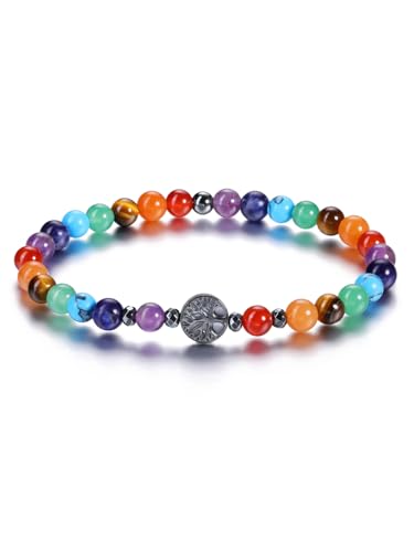 JSDDE 7 Chakra Armband mit Hämatit Lebensbaum Anhänger Heilstein Perlenarmband Glücksarmband Energietherapie Armband Spiritueller Talisman Glückbringer Schmuck für Damen Frauen von JSDDE