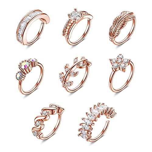 JSDDE 8 Stücke Rosegold Nasenpiercing Set 20ga Fake Kristall Nasenringe Septum Zirkonia Knorpel Ohrringe Piercing Ring 8mm Schmuck für Damen Frauen von JSDDE