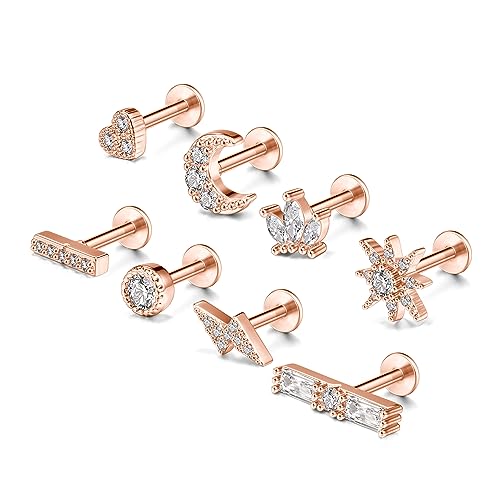 JSDDE 8er Rosegold Helix Piercings 16ga 6mm Labret Tragus Knorpel Ohrpiercing Kreuz Blume CZ Ohrringe Ohr Piercing Schmuck für Damen Frauen von JSDDE