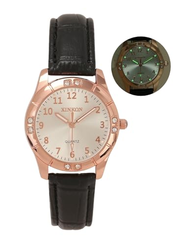 JSDDE Analoge Quarzuhr für Damen, mit leuchtendem Zifferblatt und Strass, 3 Zeiger, Lederarmband, für Frauen und Mädchen, Schwarz JSDDE Analoge Quarzuhr für Damen, mit leuchtendem Zifferblatt und Strass, 3 Zeiger, Lederarmband, für Frauen und Mädchen, Schwarz von JSDDE