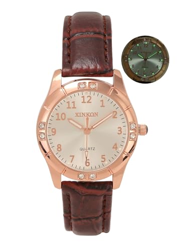 JSDDE Analoge Quarzuhr für Damen, mit leuchtendem Zifferblatt und Strass, 3 Zeiger, Lederarmband, für Frauen und Mädchen, braun von JSDDE