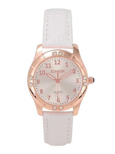 JSDDE Analoge Quarzuhr für Damen, mit leuchtendem Zifferblatt und Strass, 3 Zeiger, Lederarmband, für Frauen und Mädchen, weiß von JSDDE